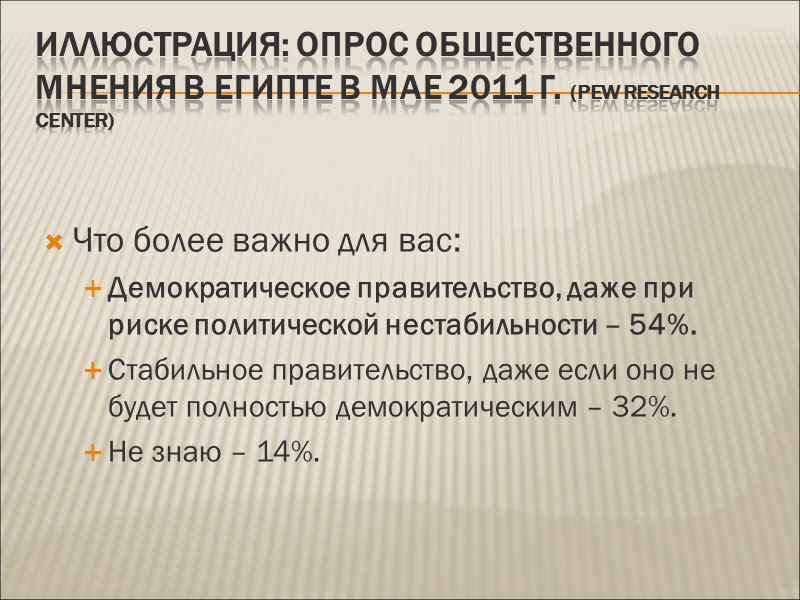 Иллюстрация: опрос общественного мнения в Египте в мае 2011 г. (Pew Research Center) 